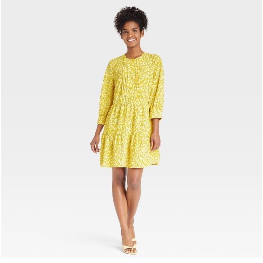 𝅺who what wear yellow leopard print Bishop 3/4 Sleeve Mini Tiered Dress nwt